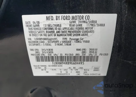 2009 Lincoln Mks from USA, damaged, VIN 1LNHM94R89G604495